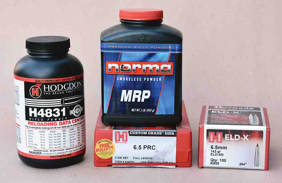 Hodgdon H-4831 and Norma MRP powders are top choices for handloading the 6.5 PRC, while the Hornady 143-grain ELD-X bullet is a fine choice for hunting.